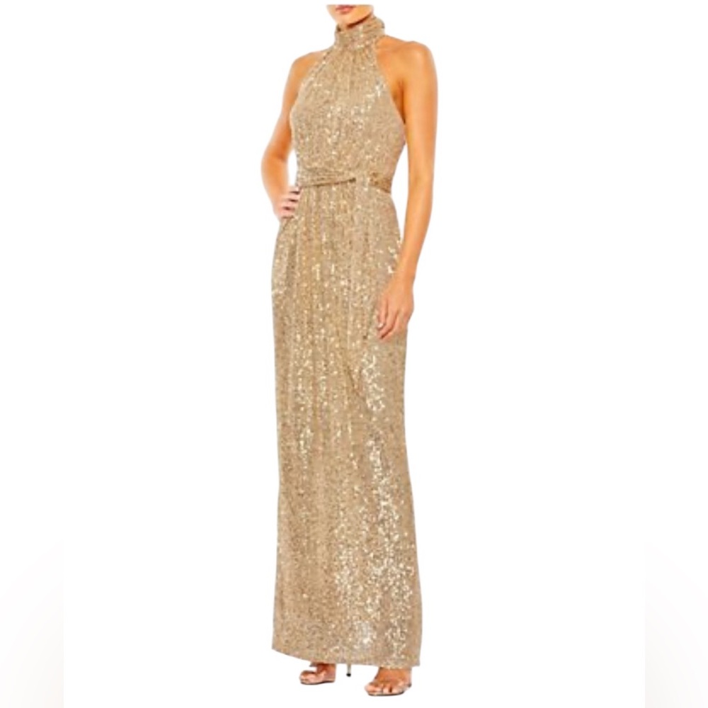 NWT Ieena for Mac Duggal Sequined Halter Neck‎ Belted Soft Tie Dress